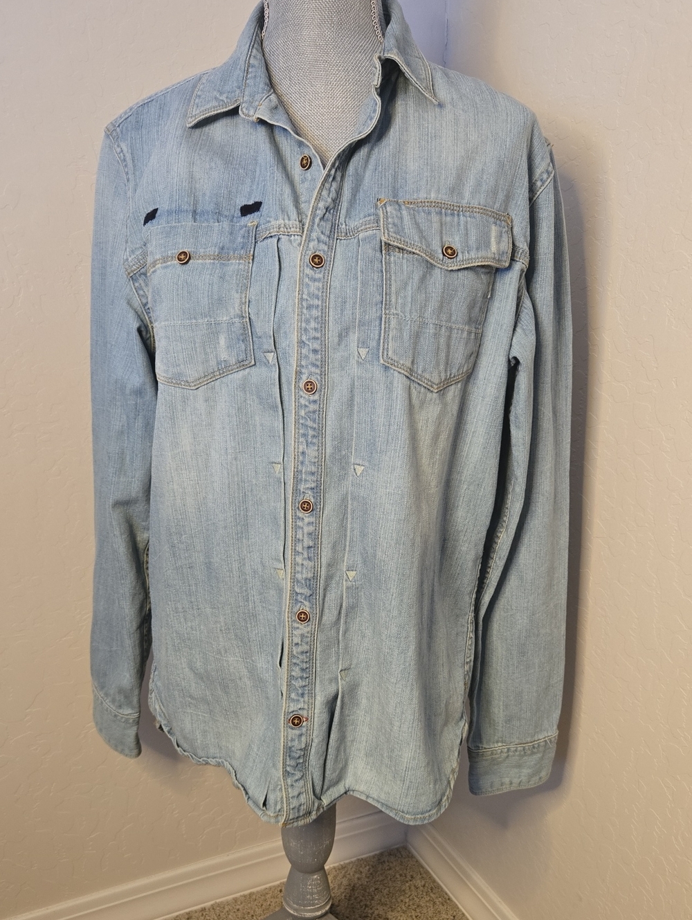 Guess Light Blue Denim Shirt with Brown Leather Patch